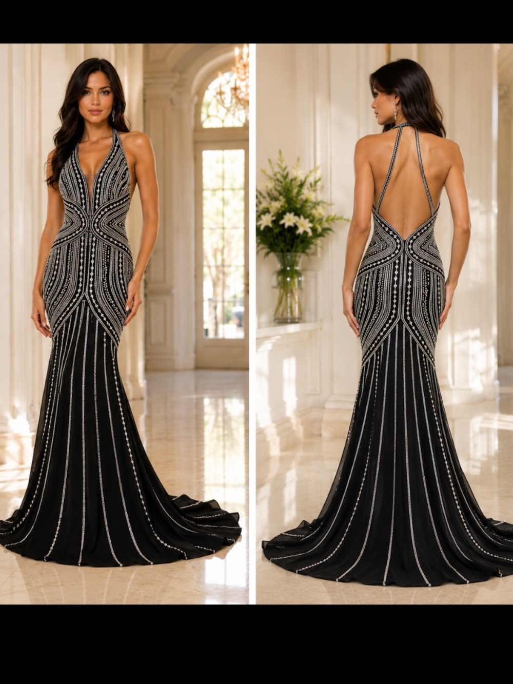 MON CHERI Ellie Wilde Halter neck glass beads formal mermaid long gown